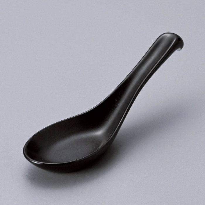 Japanese porcelain renge noodle spoon in matt black glaze.