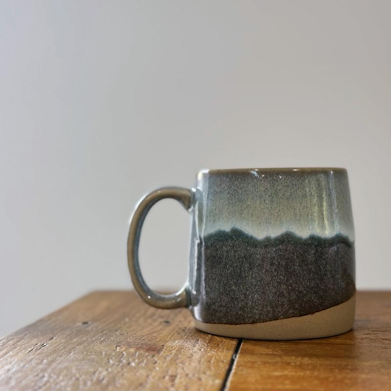 Handcrafted large Japanese mug in grey glaze with a large handle. Made in Gifu prefecture, Japan.