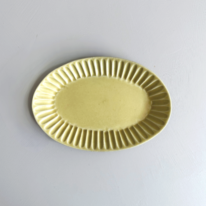 Shoyogama Shinogi Oval plate in Yuzu Glaze. Handcrafted in Hyogo Prefecture. Tamba ware. Available at Toka Ceramics.